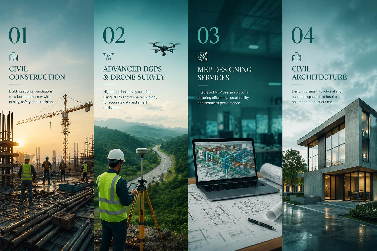 Overview of Imperial Associates services: civil construction, DGPS and drone survey, BIM services, architecture and interiors