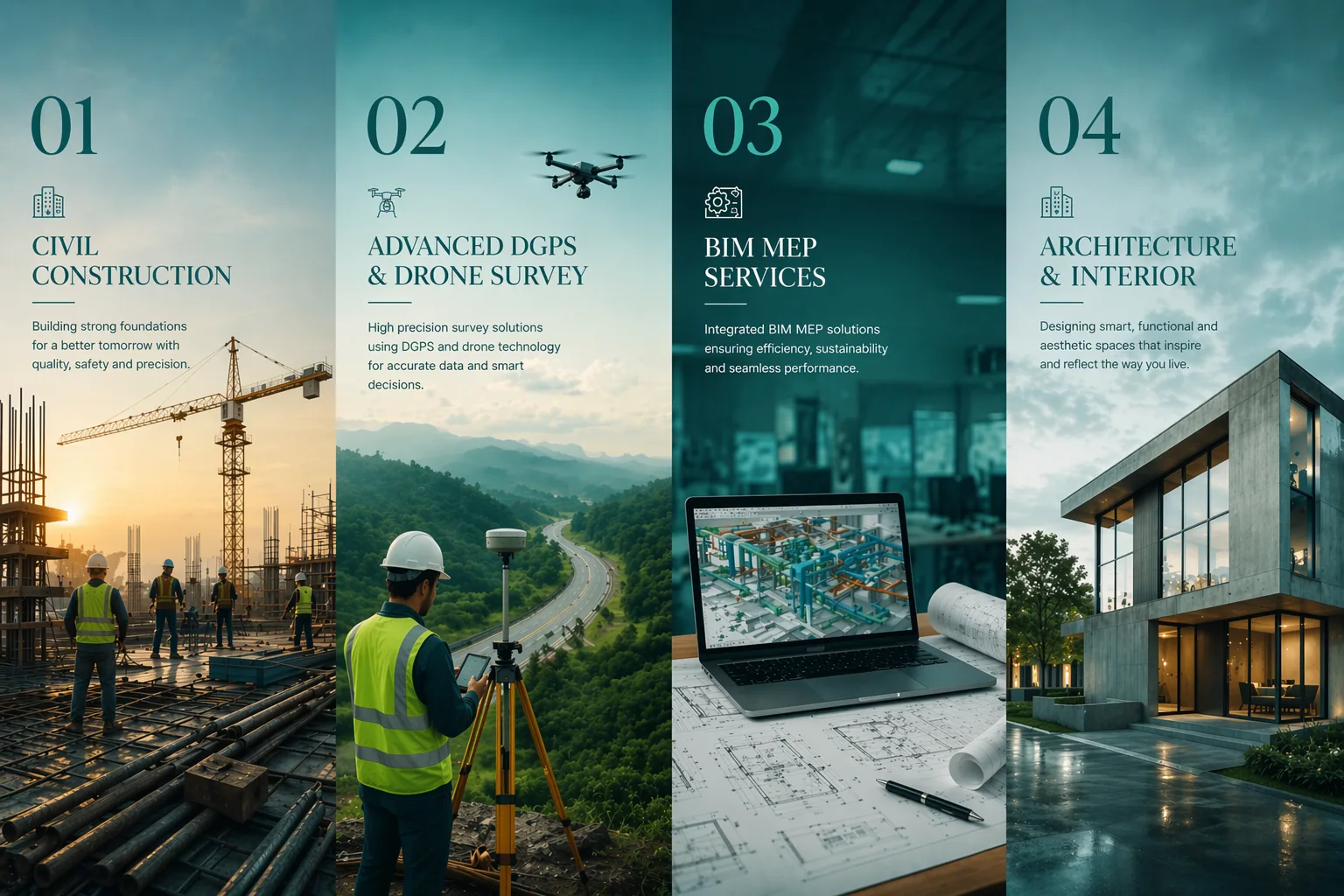 Overview of Imperial Associates services: civil construction, DGPS and drone survey, BIM services, architecture and interiors